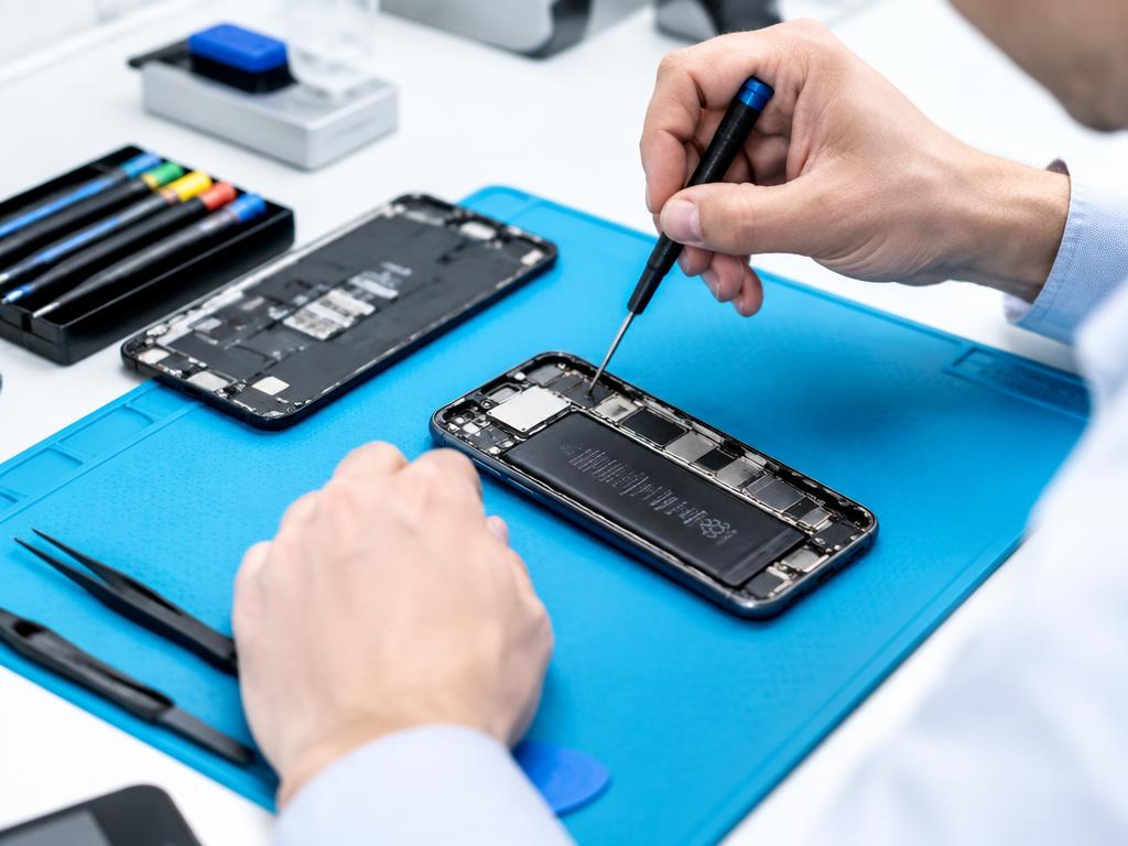 Technician repairing a phone at a repair bench