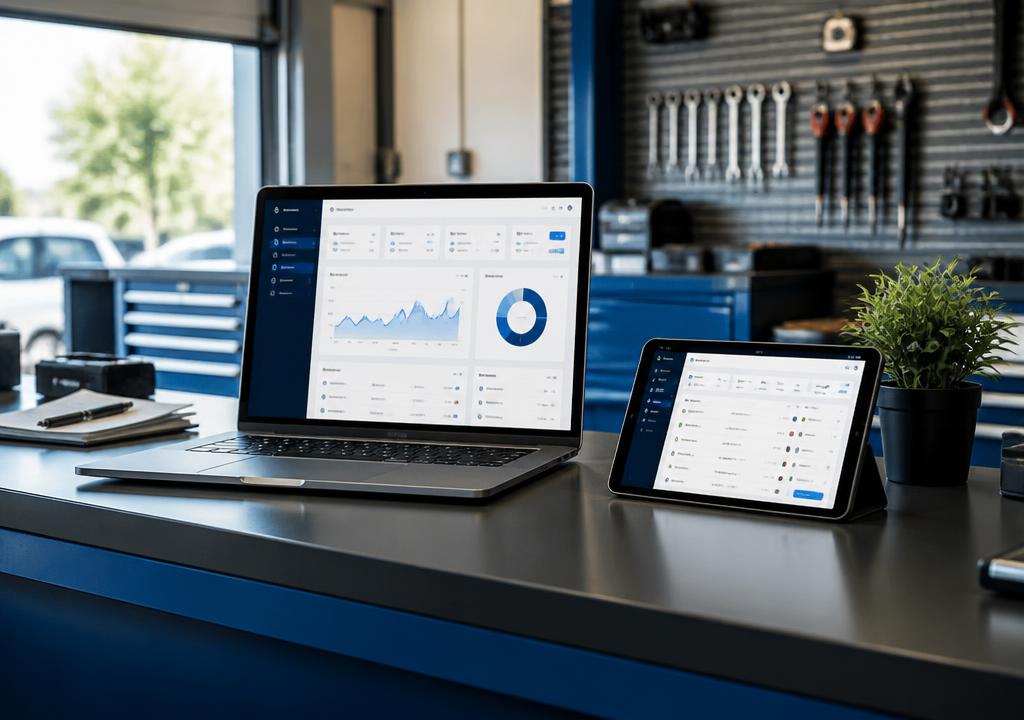 Repair shop counter with a laptop and tablet running business software